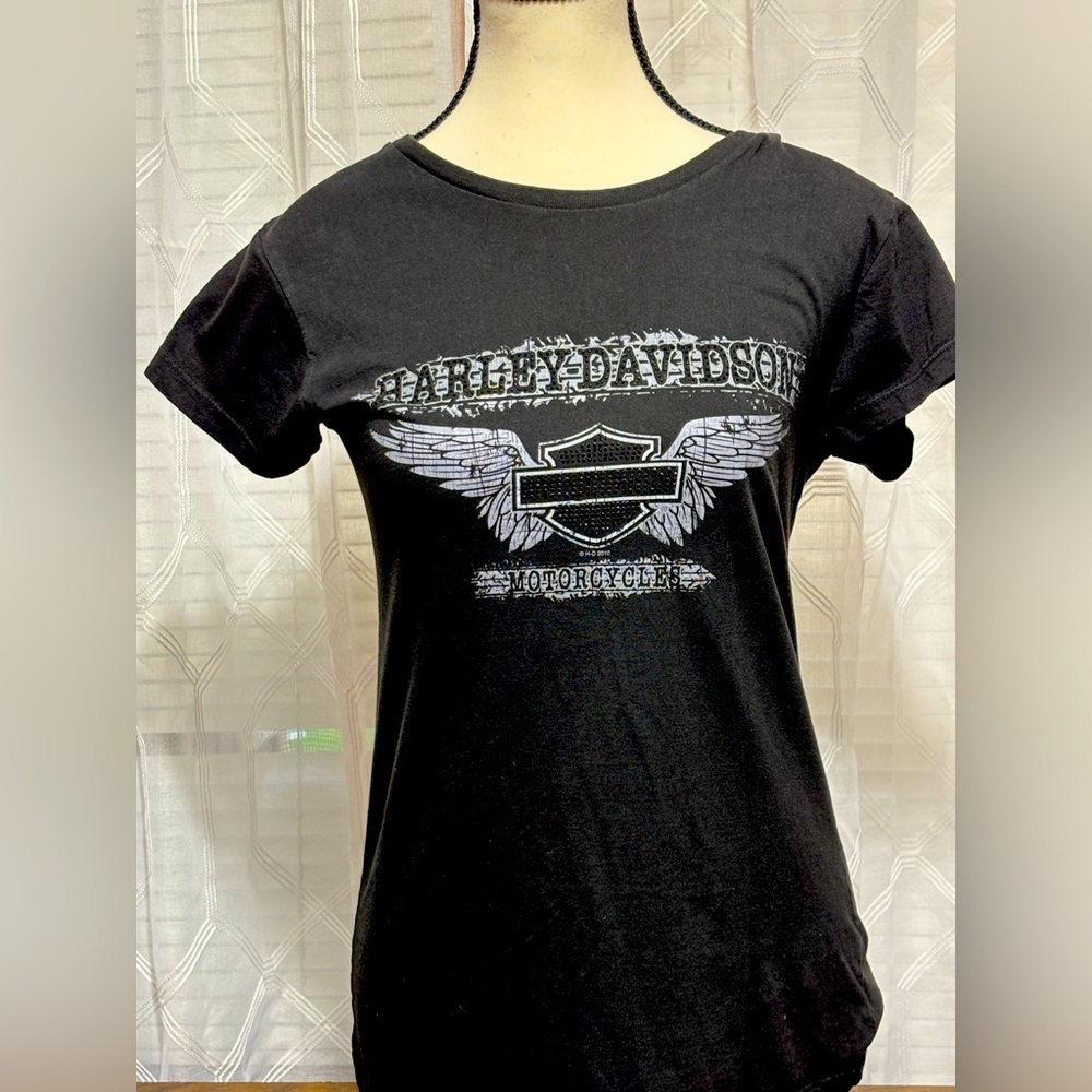 Harley-Davidson ladies sz L Black Winged sparkle Logo Tee 24”L 15” p2p  Indiana